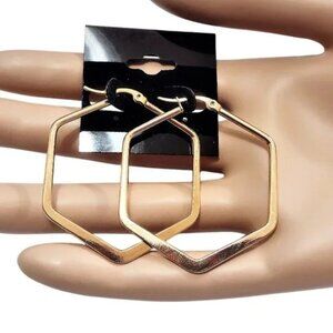 1 5/8" Six Sided Hoop Pierced Earrings Gold Tone 46mm Flat Band Dangles